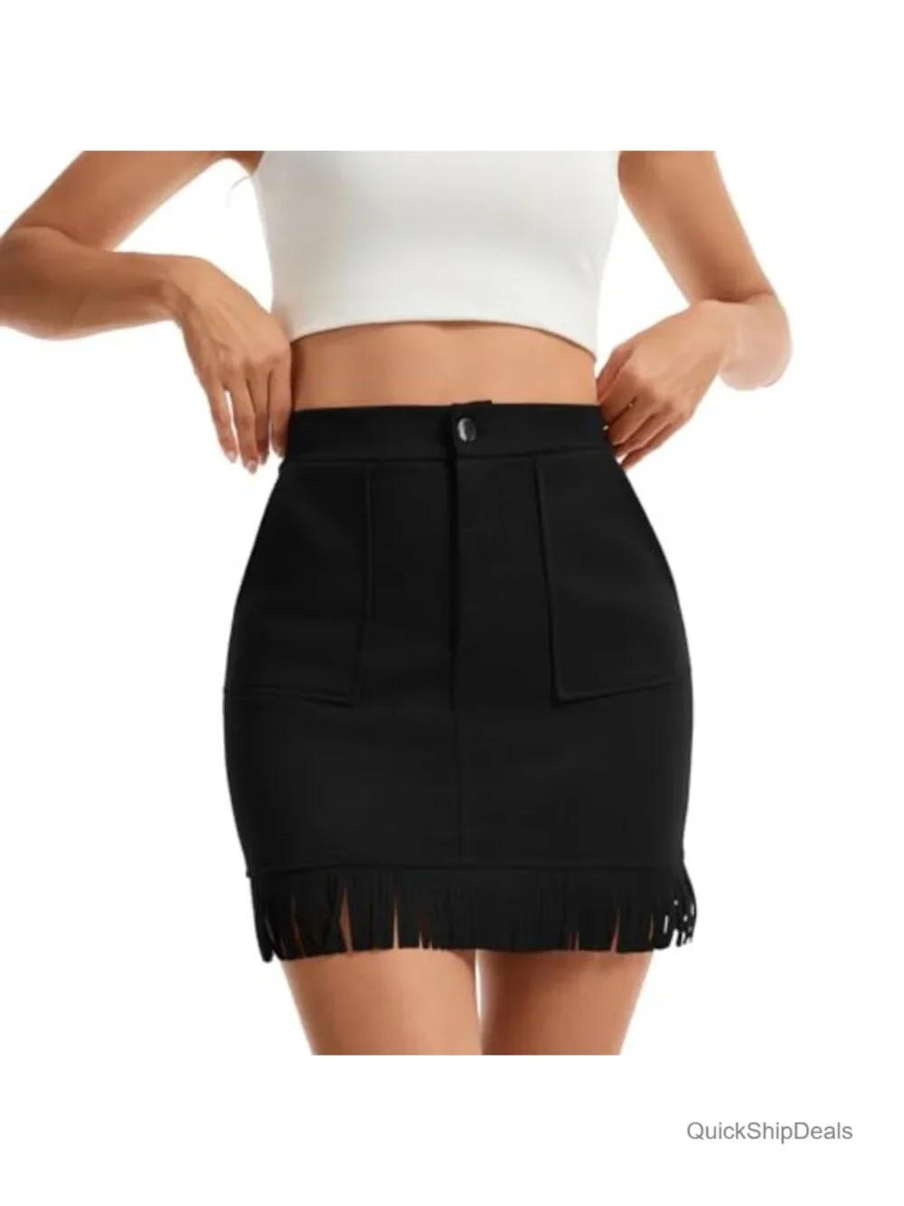 Faux Suede Fringe Mini Skirt High Waisted Tassel Pencil Skirt with Pockets